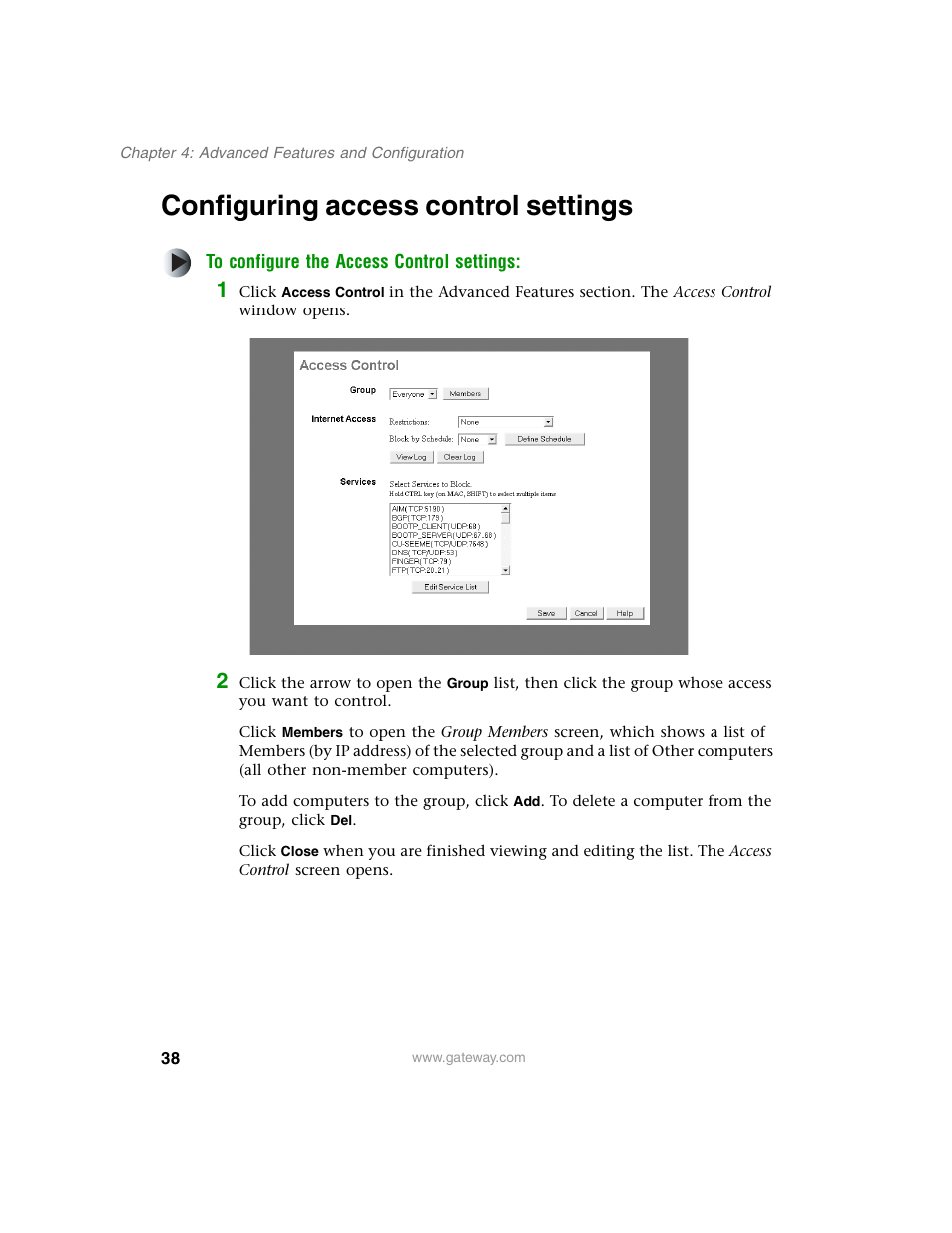 Configuring access control settings | Gateway WBR-100 User Manual | Page 41 / 90