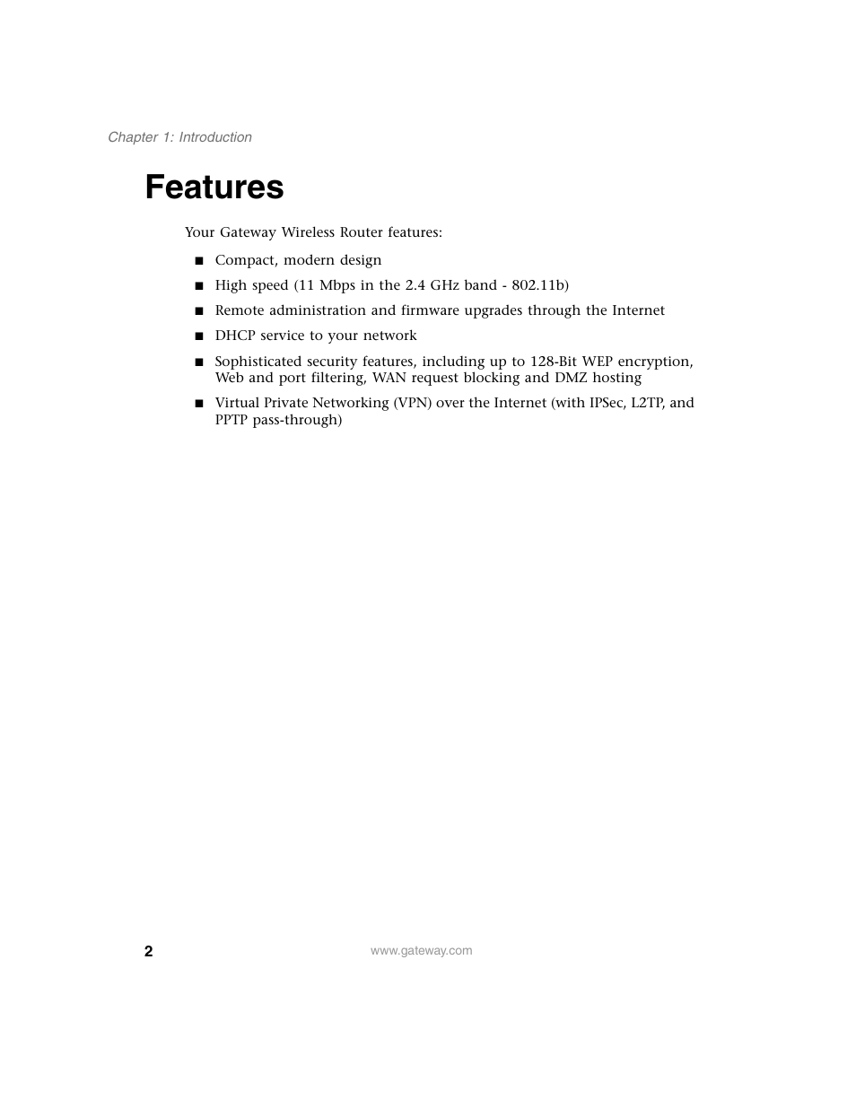 Features | Gateway WBR-100 User Manual | Page 5 / 90