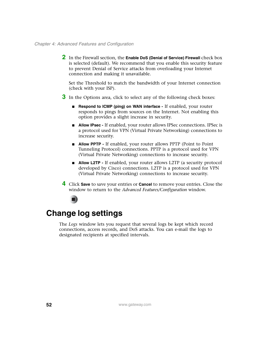 Change log settings | Gateway WBR-100 User Manual | Page 55 / 90