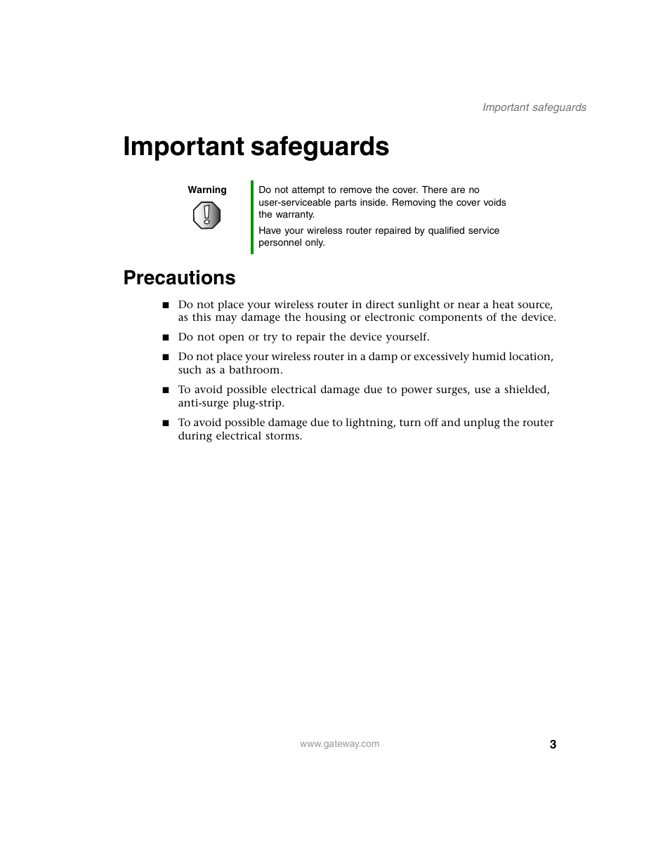 Important safeguards, Precautions | Gateway WBR-100 User Manual | Page 6 / 90