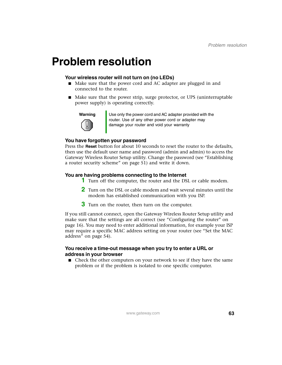 Problem resolution | Gateway WBR-100 User Manual | Page 66 / 90