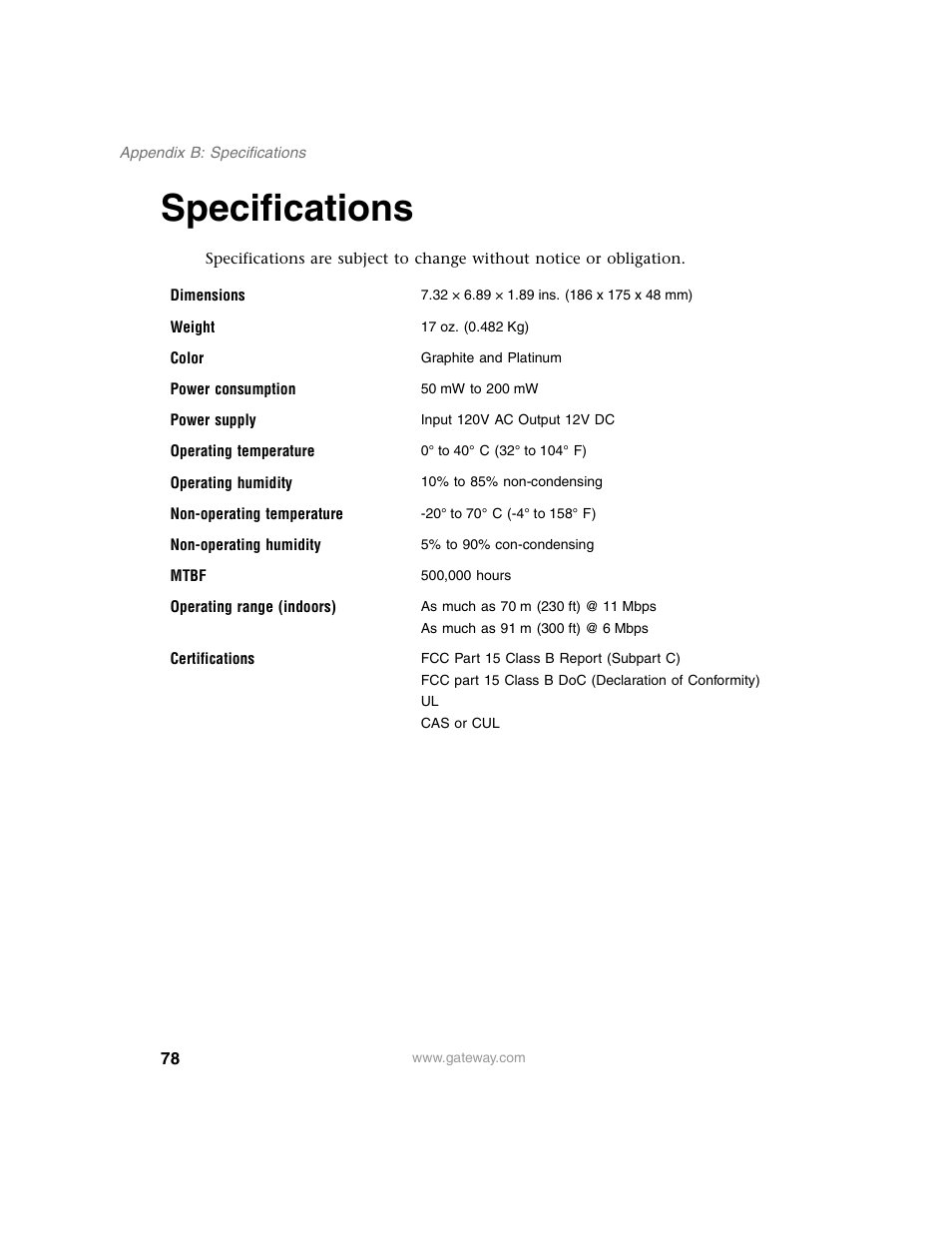 Specifications | Gateway WBR-100 User Manual | Page 81 / 90