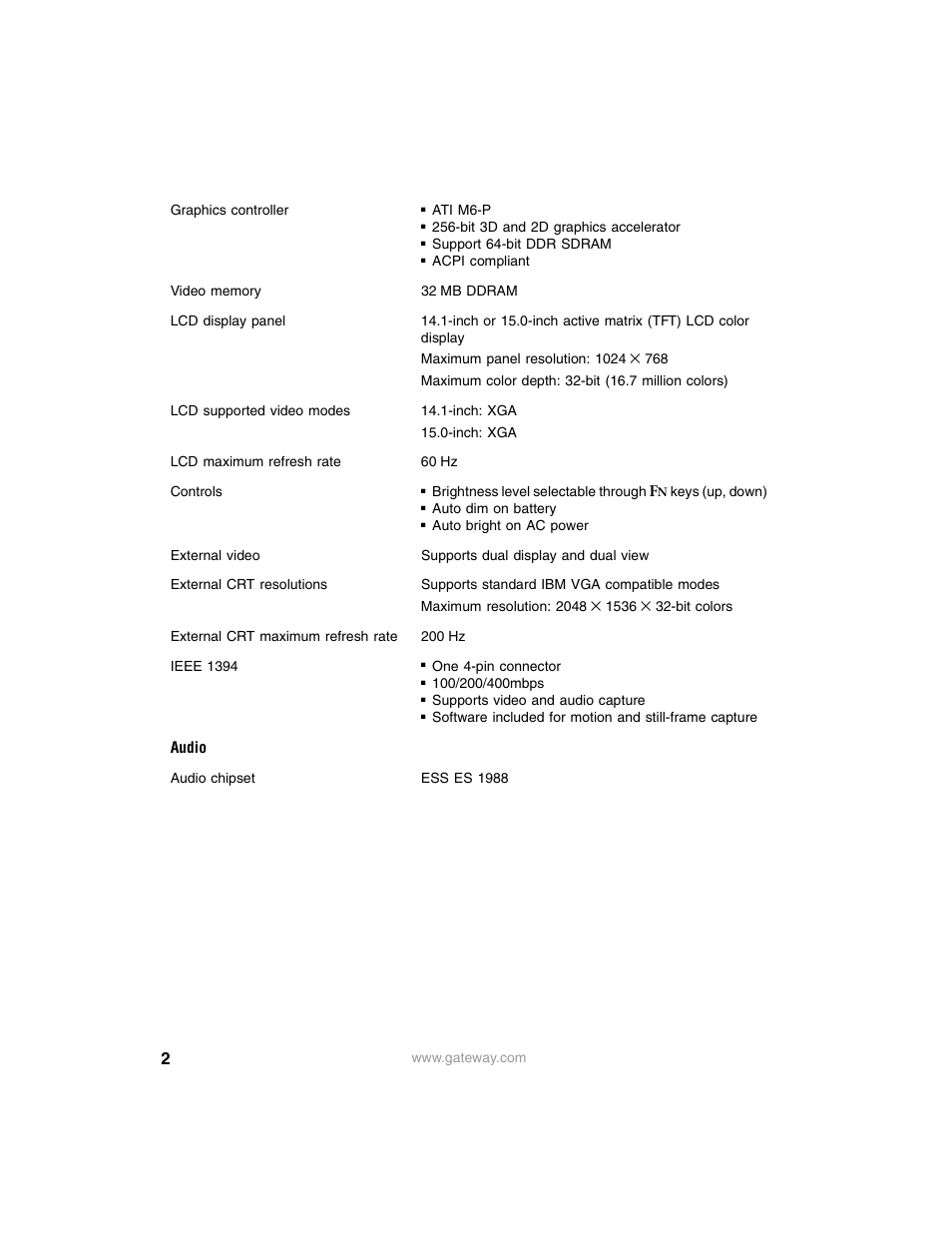 Audio | Gateway 400SD4 User Manual | Page 2 / 7