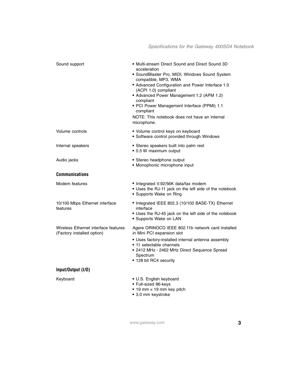 Communications, Input/output (i/o) | Gateway 400SD4 User Manual | Page 3 / 7