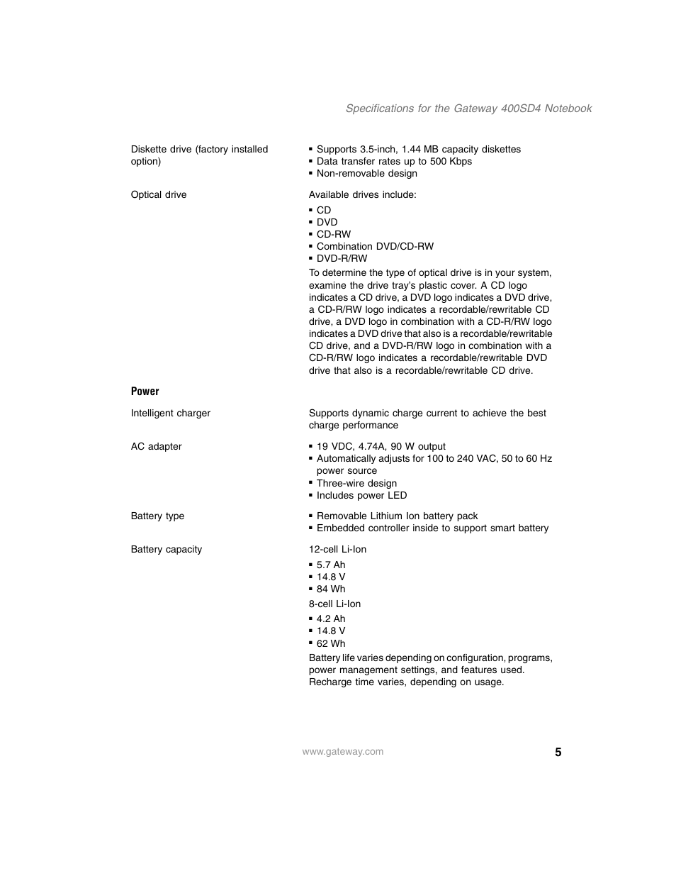 Power | Gateway 400SD4 User Manual | Page 5 / 7