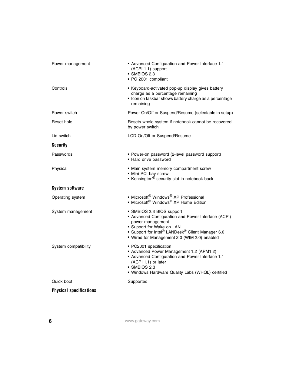 Security, System software, Physical specifications | Gateway 400SD4 User Manual | Page 6 / 7