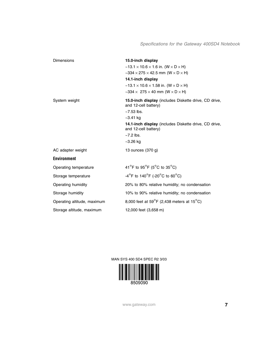 Environment | Gateway 400SD4 User Manual | Page 7 / 7