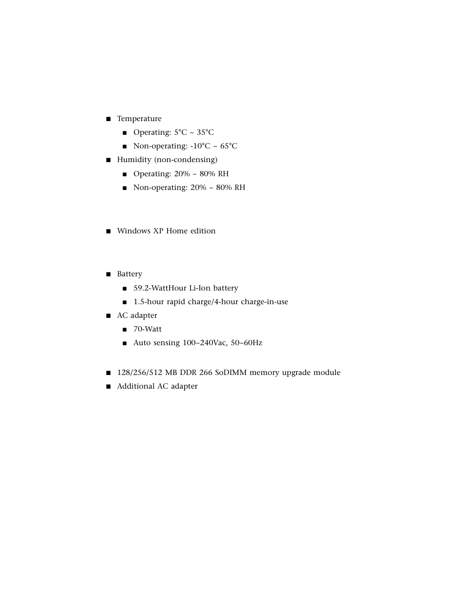 Environment, Operating system, Power | Environment operating system power | Gateway M500 User Manual | Page 100 / 119