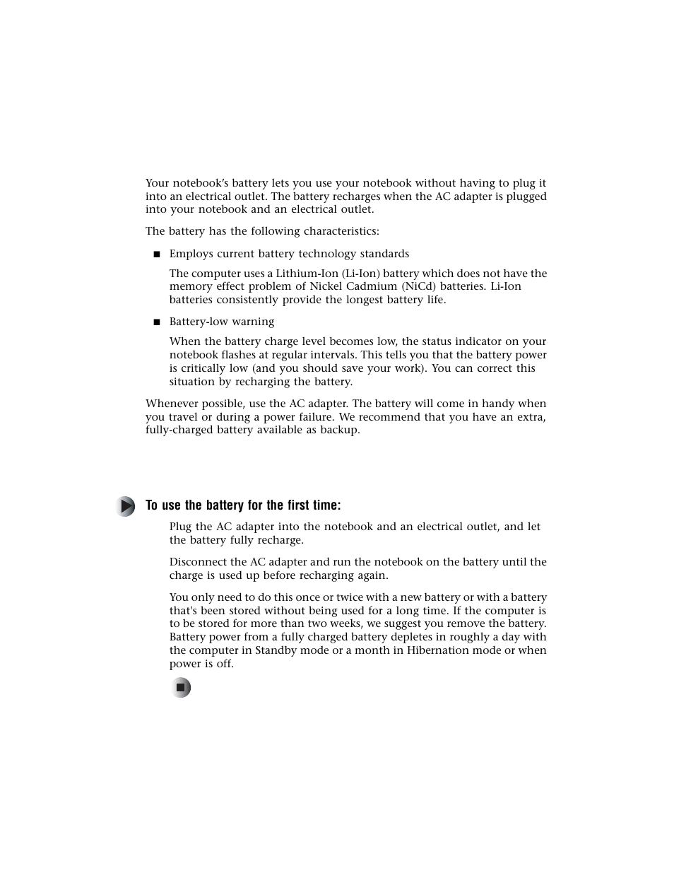 Using the battery, Using the battery for the first time | Gateway M500 User Manual | Page 52 / 119