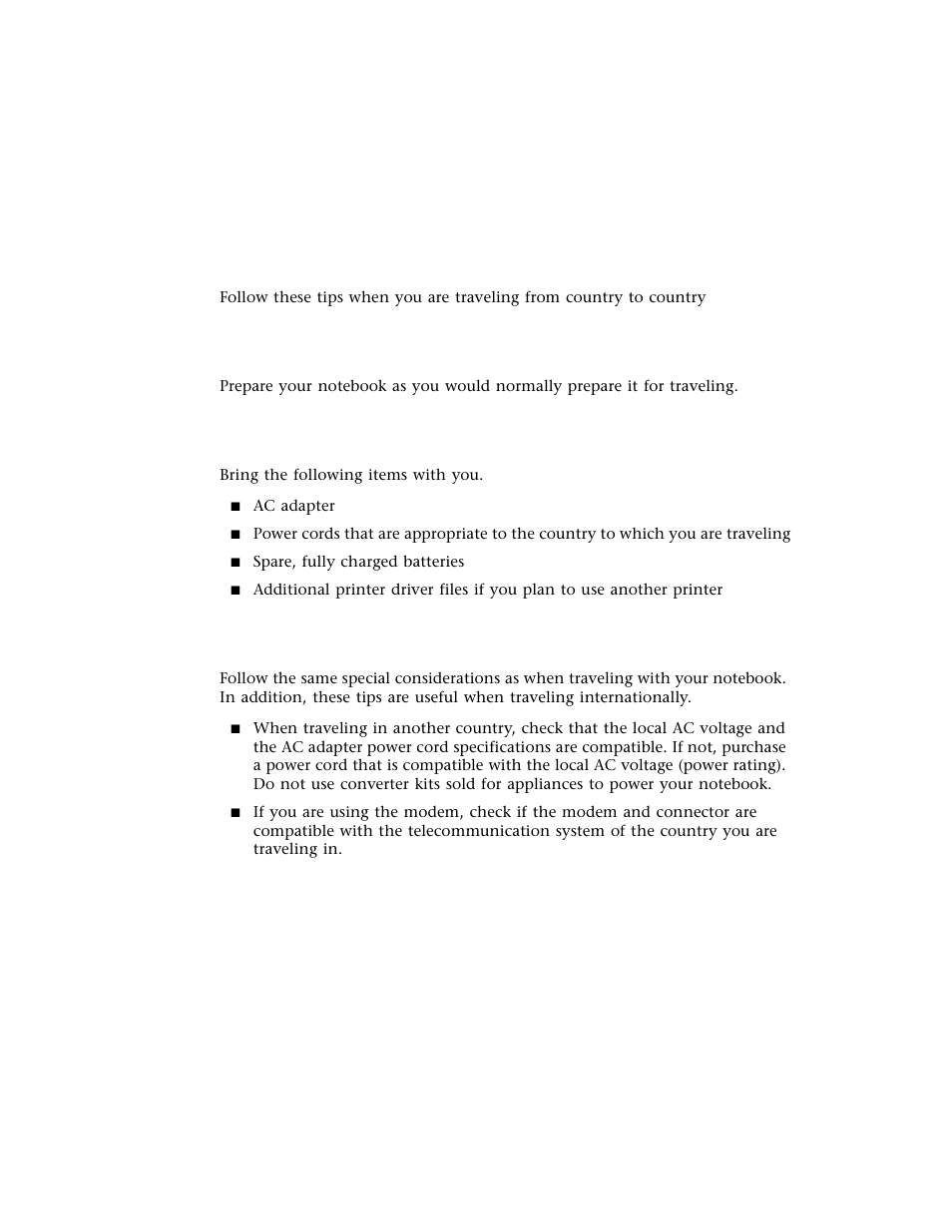 Traveling internationally with your notebook, Preparing your notebook, What to bring with you | Special considerations | Gateway M500 User Manual | Page 79 / 119