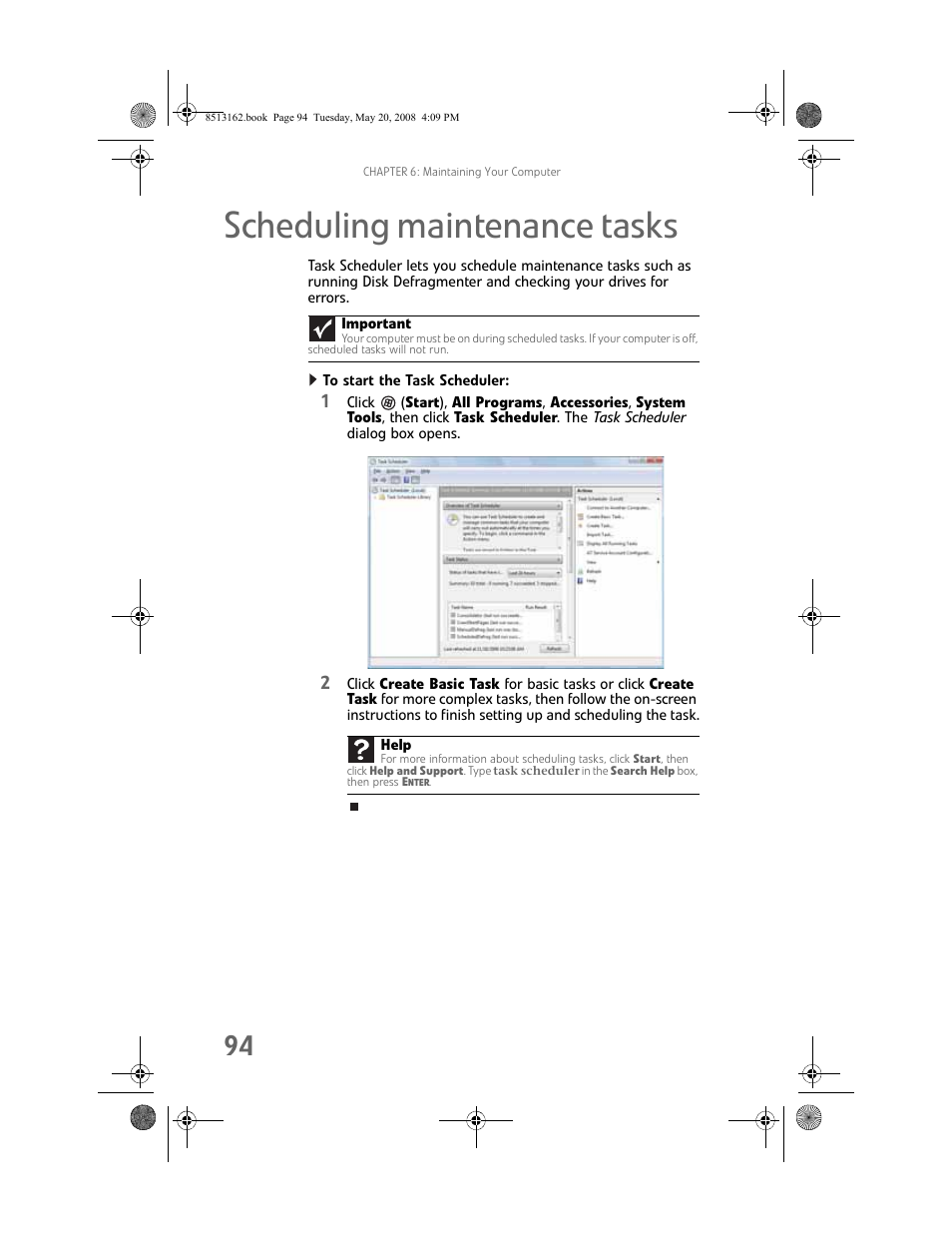 Scheduling maintenance tasks, To start the task scheduler | Gateway FX542X User Manual | Page 100 / 154