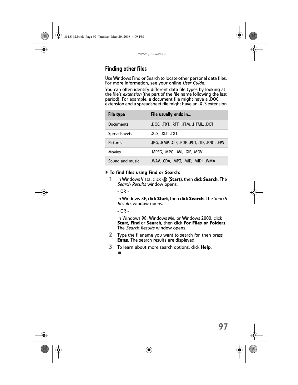 Finding other files, To find files using find or search | Gateway FX542X User Manual | Page 103 / 154