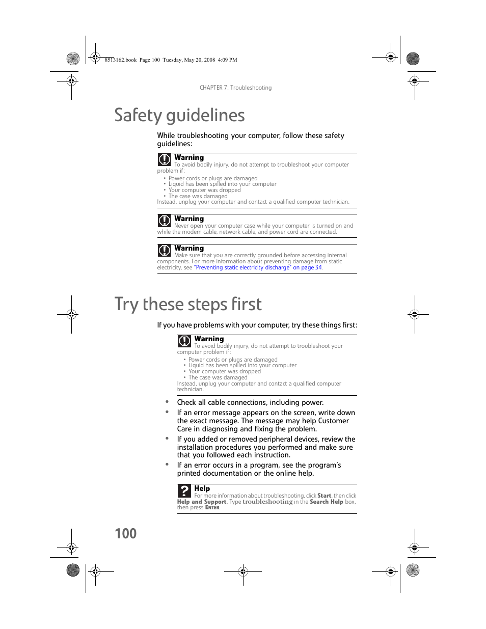 Safety guidelines, Try these steps first, Safety guidelines try these steps first | Gateway FX542X User Manual | Page 106 / 154