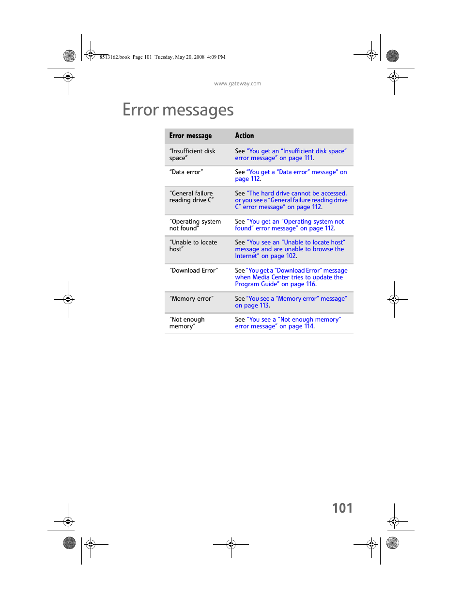 Error messages | Gateway FX542X User Manual | Page 107 / 154