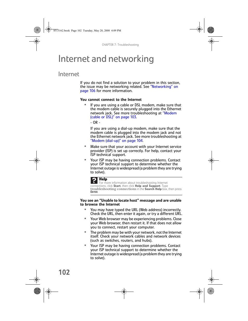 Internet and networking, Internet, You cannot connect to the internet | You see an “unable to locate host | Gateway FX542X User Manual | Page 108 / 154