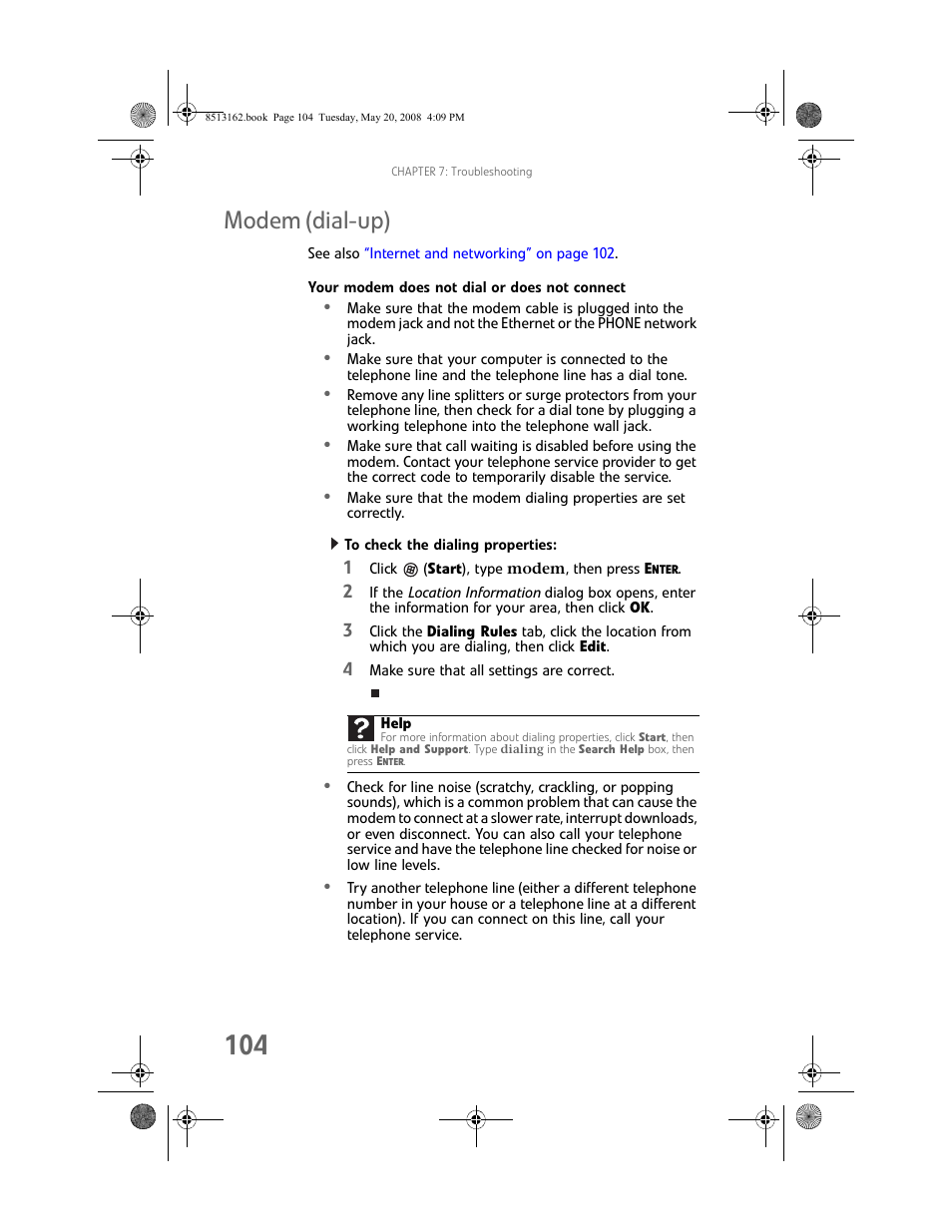 Modem (dial-up), Your modem does not dial or does not connect, To check the dialing properties | Gateway FX542X User Manual | Page 110 / 154