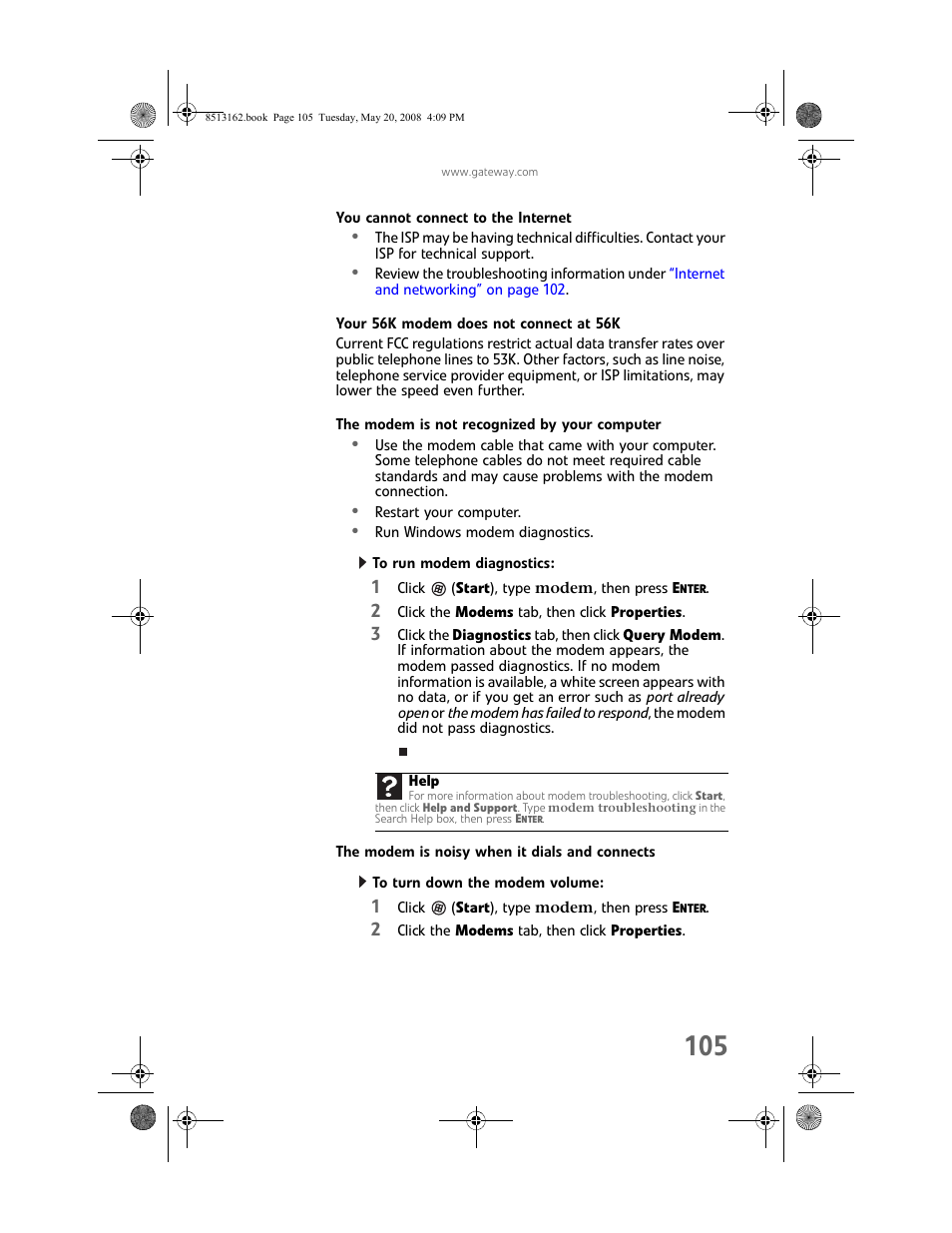 You cannot connect to the internet, Your 56k modem does not connect at 56k, The modem is not recognized by your computer | To run modem diagnostics, The modem is noisy when it dials and connects, To turn down the modem volume | Gateway FX542X User Manual | Page 111 / 154