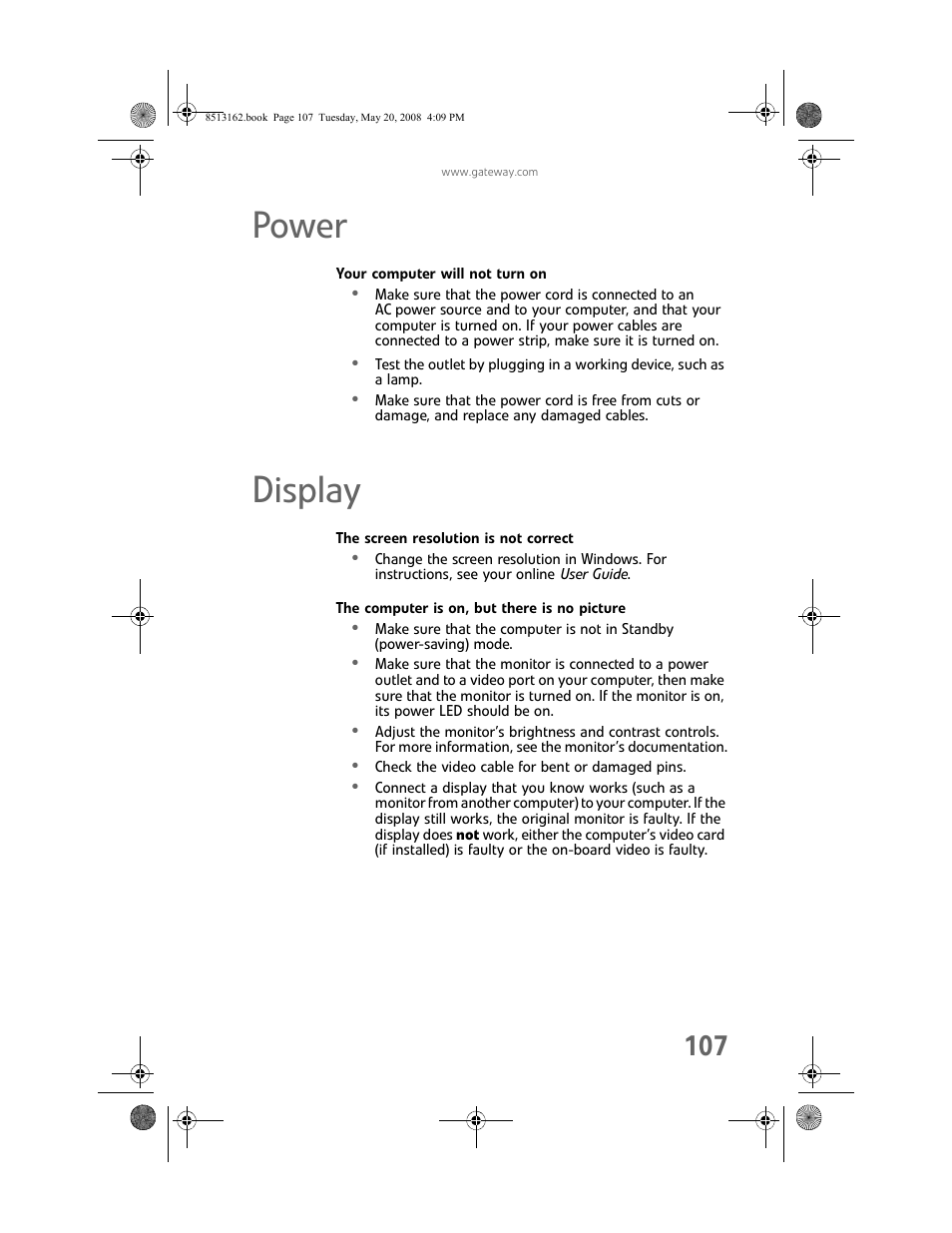 Power, Your computer will not turn on, Display | The screen resolution is not correct, The computer is on, but there is no picture, Power display | Gateway FX542X User Manual | Page 113 / 154