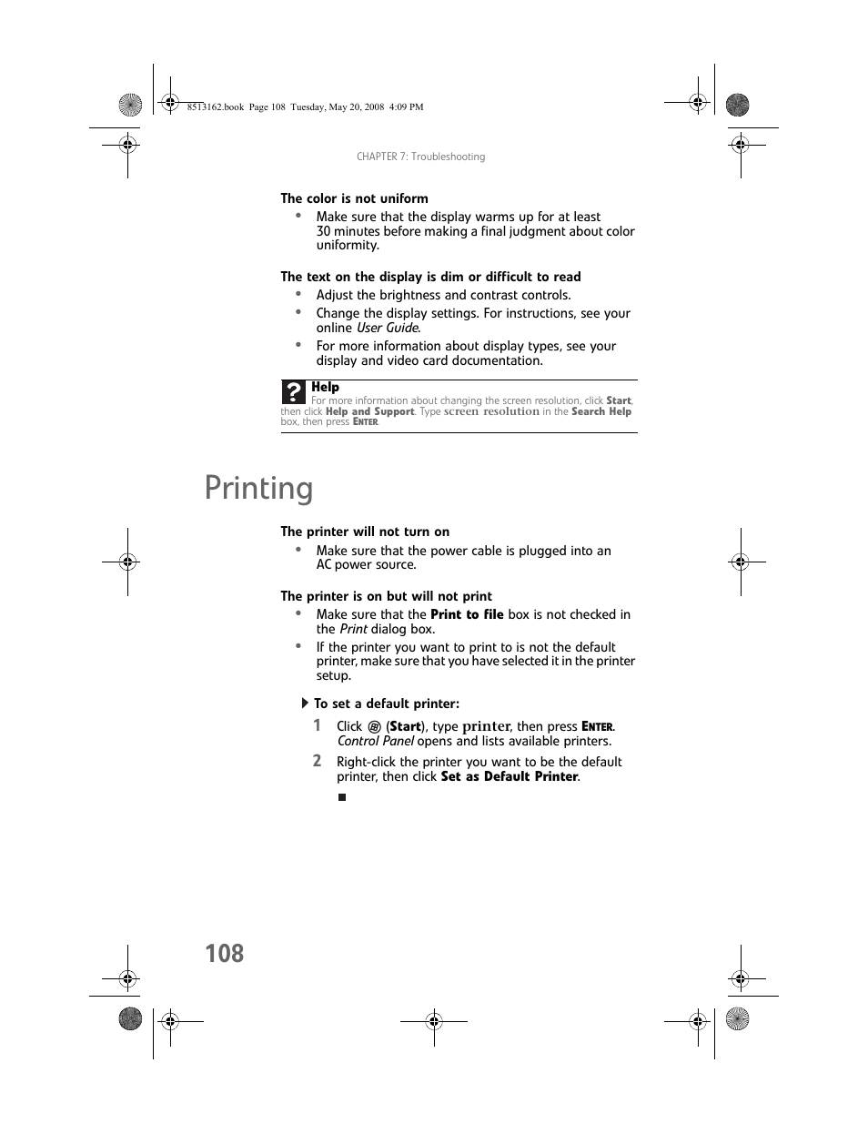 The color is not uniform, Printing, The printer will not turn on | The printer is on but will not print, To set a default printer, Printing 108 | Gateway FX542X User Manual | Page 114 / 154