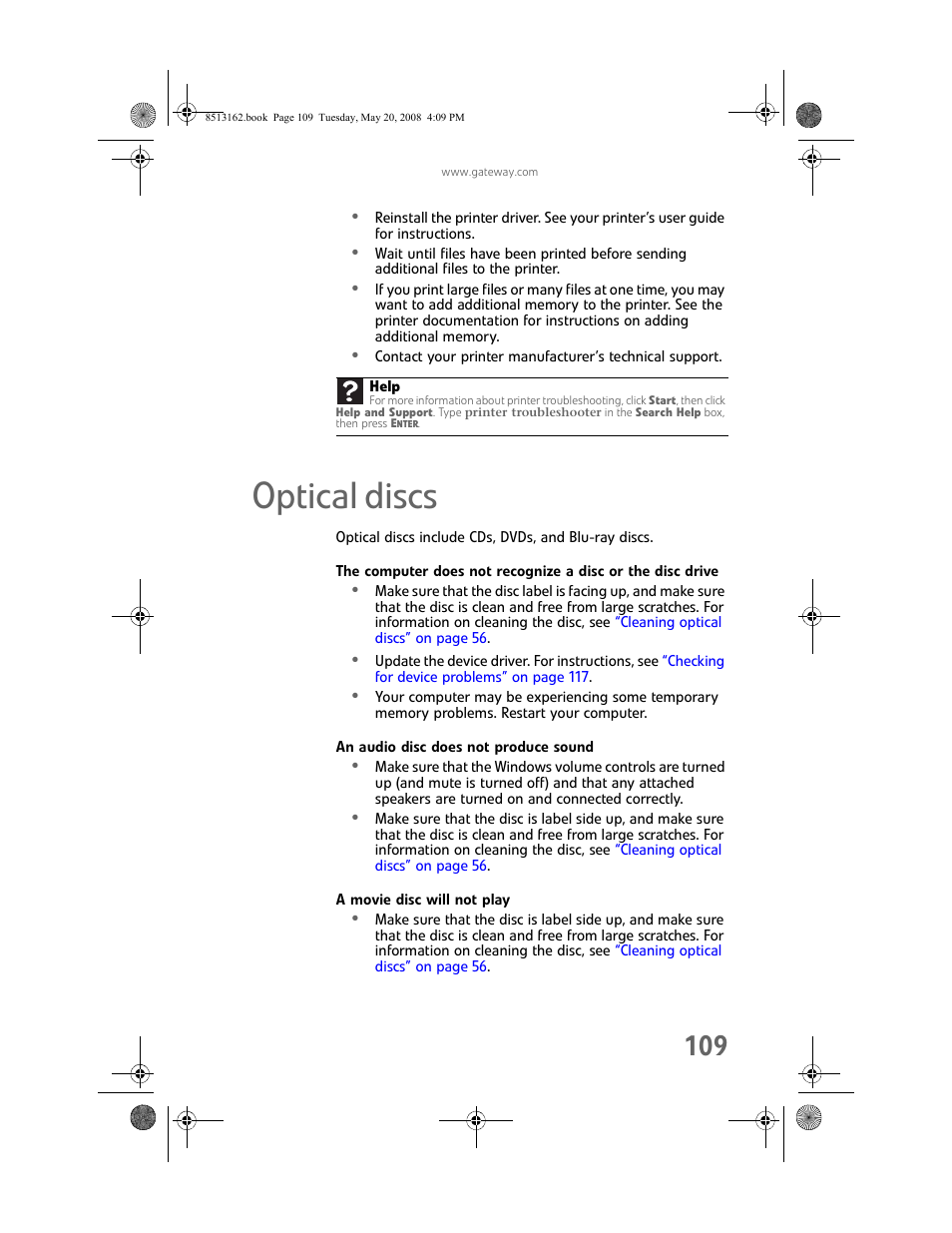 Optical discs, An audio disc does not produce sound, A movie disc will not play | Gateway FX542X User Manual | Page 115 / 154