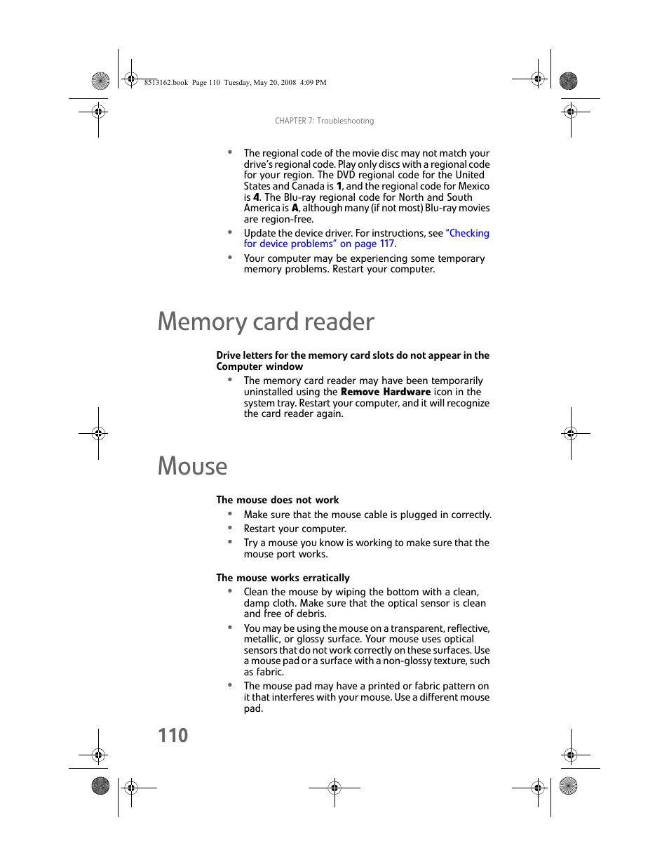 Memory card reader, Mouse, The mouse does not work | The mouse works erratically, Memory card reader mouse | Gateway FX542X User Manual | Page 116 / 154