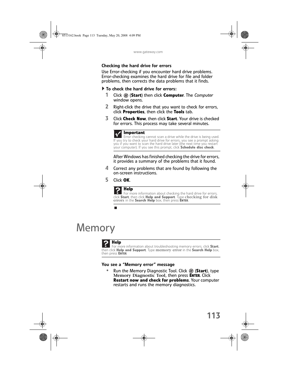 Checking the hard drive for errors, To check the hard drive for errors, Memory | You see a “memory error” message | Gateway FX542X User Manual | Page 119 / 154