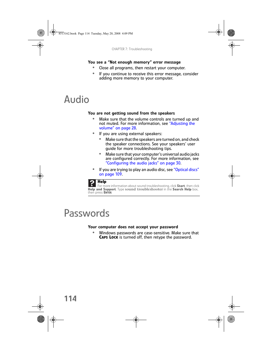 You see a “not enough memory” error message, Audio, You are not getting sound from the speakers | Passwords, Your computer does not accept your password, Audio passwords, You see a “not enough memory | Gateway FX542X User Manual | Page 120 / 154