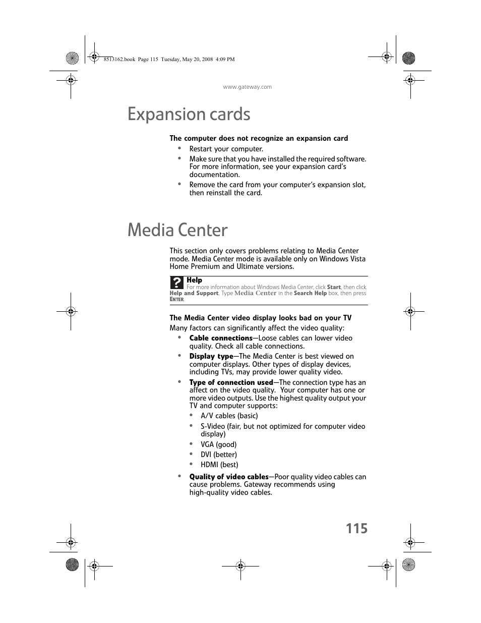 Expansion cards, The computer does not recognize an expansion card, Media center | Expansion cards media center | Gateway FX542X User Manual | Page 121 / 154