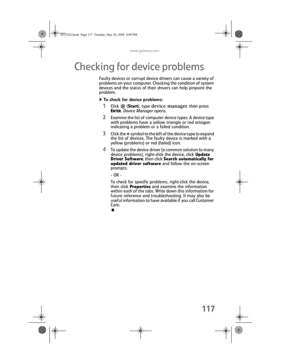 Checking for device problems, To check for device problems, Checking | Gateway FX542X User Manual | Page 123 / 154