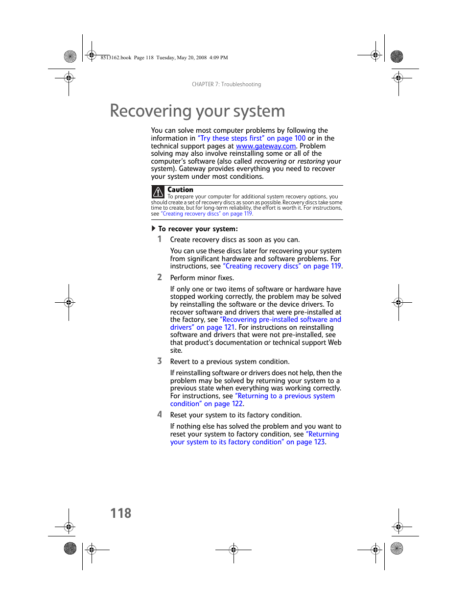 Recovering your system, To recover your system, Recovering your system” on | Gateway FX542X User Manual | Page 124 / 154