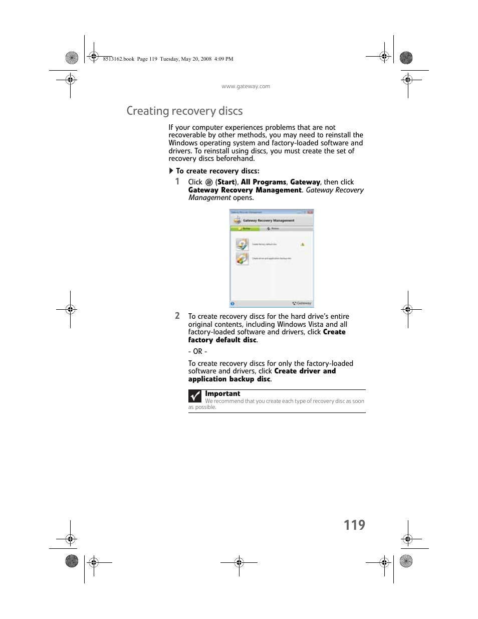 Creating recovery discs, To create recovery discs | Gateway FX542X User Manual | Page 125 / 154