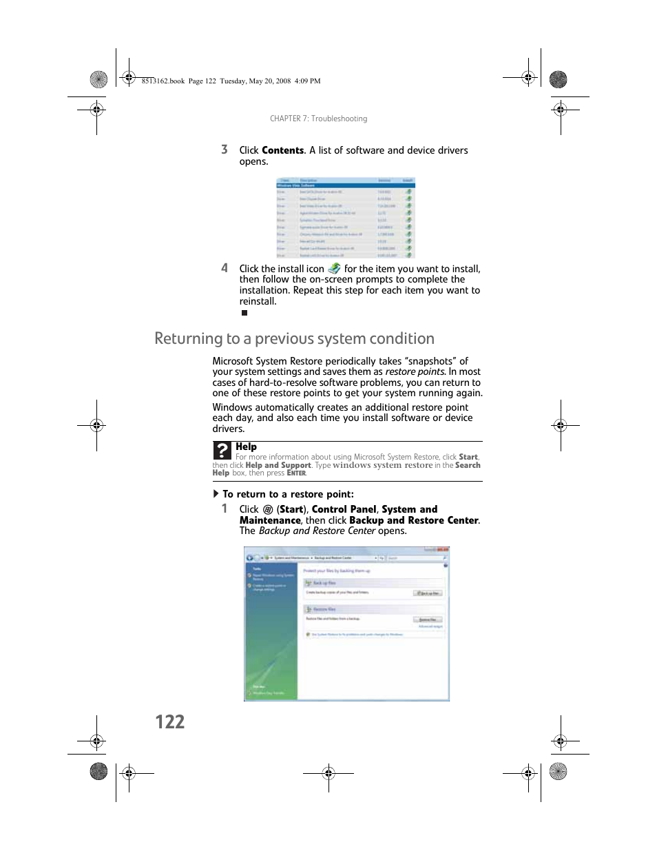 Returning to a previous system condition, To return to a restore point, Returning to a previous system | Gateway FX542X User Manual | Page 128 / 154