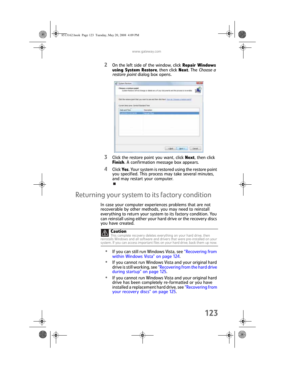 Returning your system to its factory condition, Returning | Gateway FX542X User Manual | Page 129 / 154