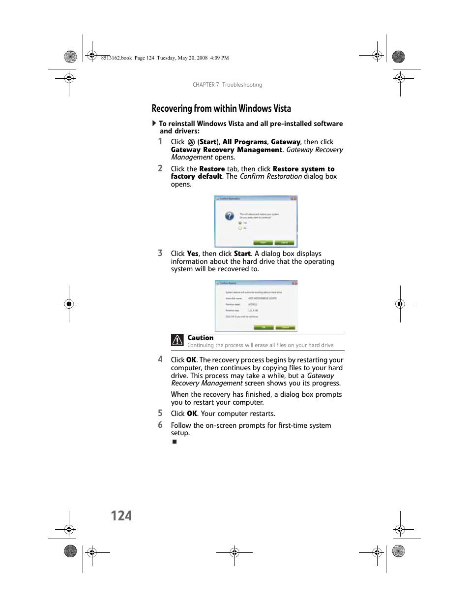 Recovering from within windows vista, Recovering from | Gateway FX542X User Manual | Page 130 / 154