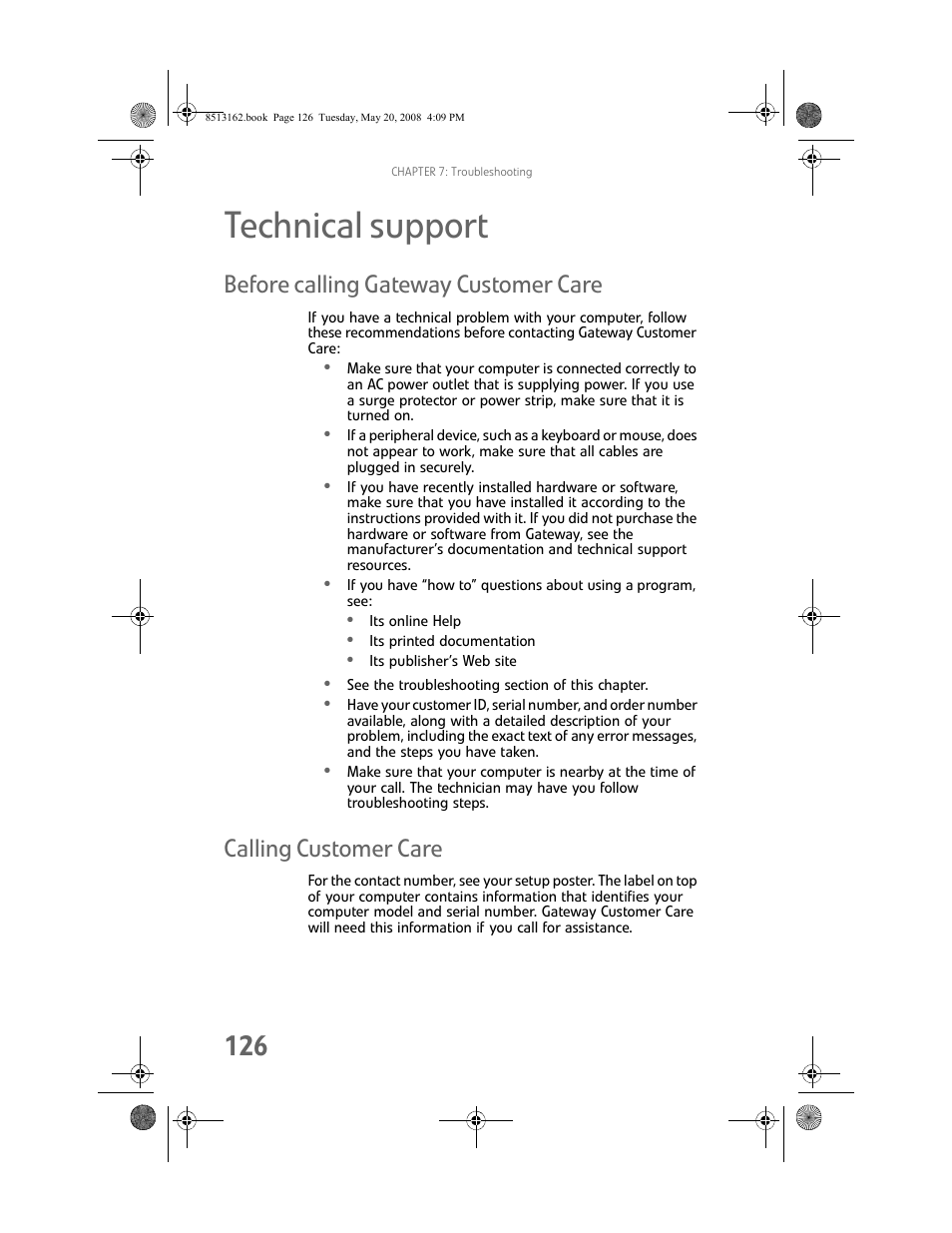 Technical support, Before calling gateway customer care, Calling customer care | Gateway FX542X User Manual | Page 132 / 154