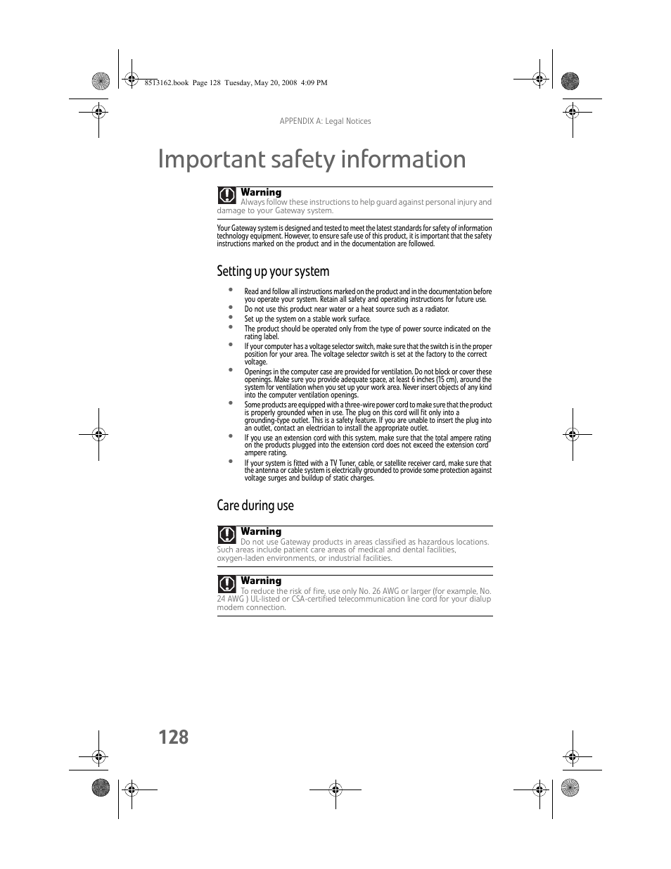 Important safety information, Setting up your system, Care during use | Gateway FX542X User Manual | Page 134 / 154