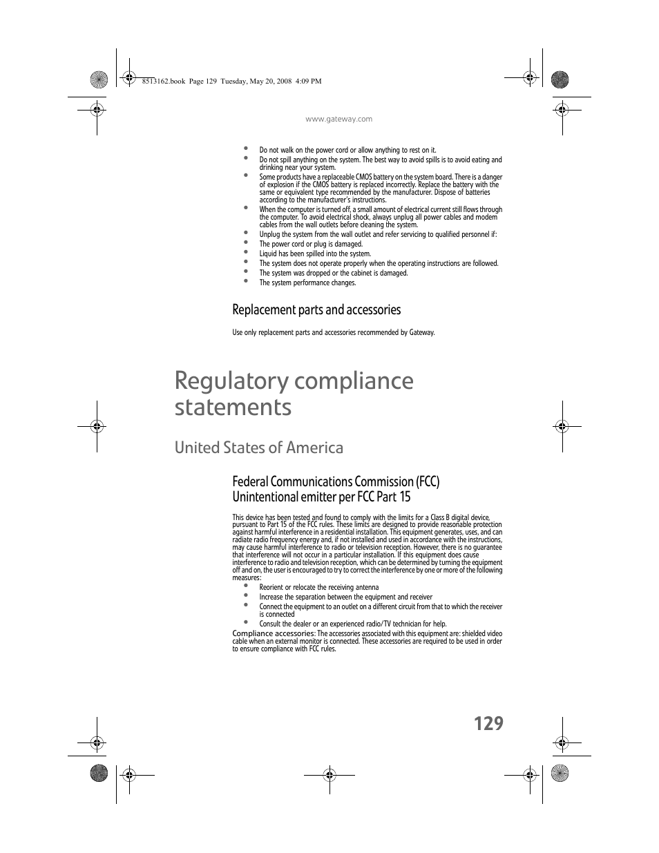 Regulatory compliance statements, United states of america, Replacement parts and accessories | Gateway FX542X User Manual | Page 135 / 154