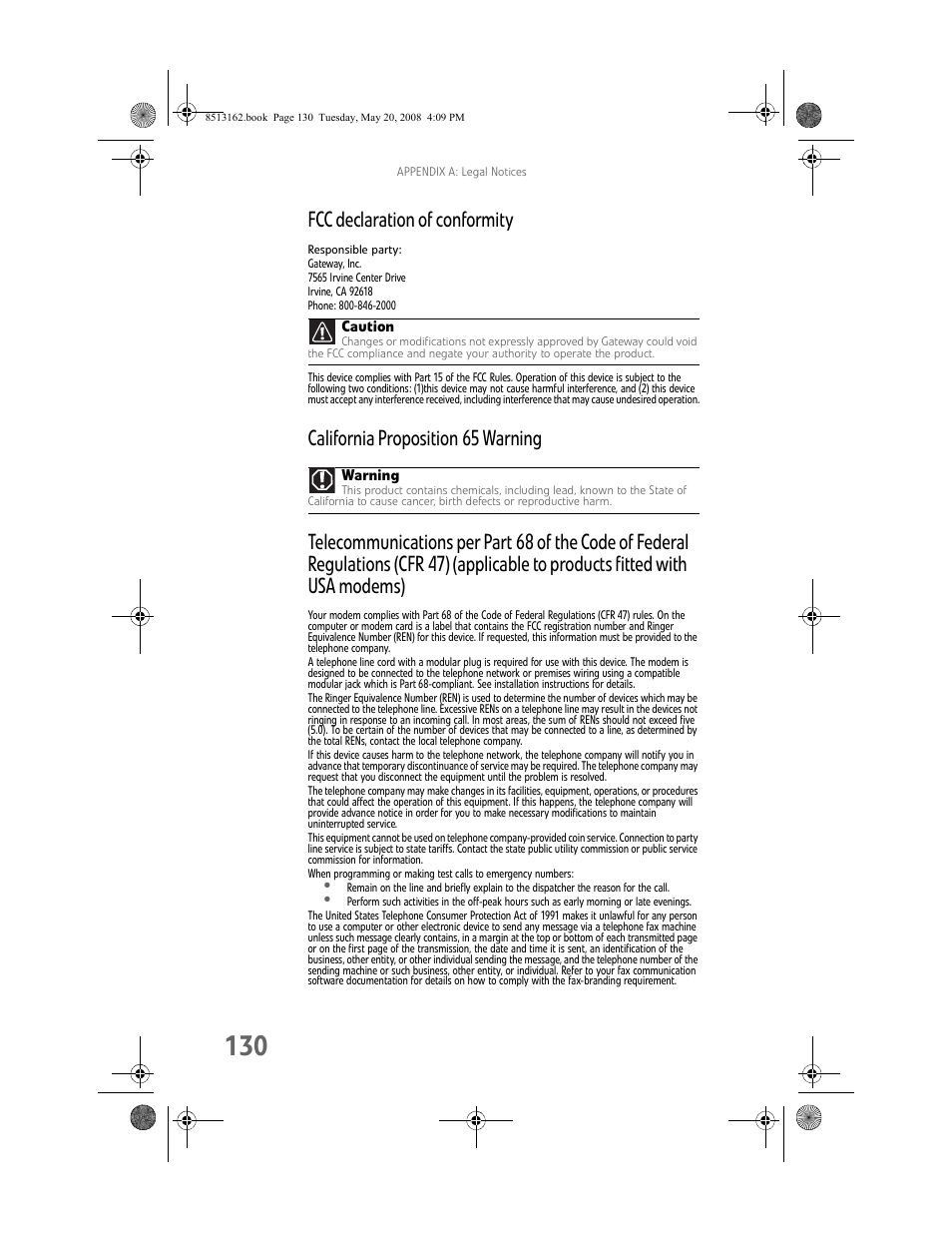 Fcc declaration of conformity | Gateway FX542X User Manual | Page 136 / 154