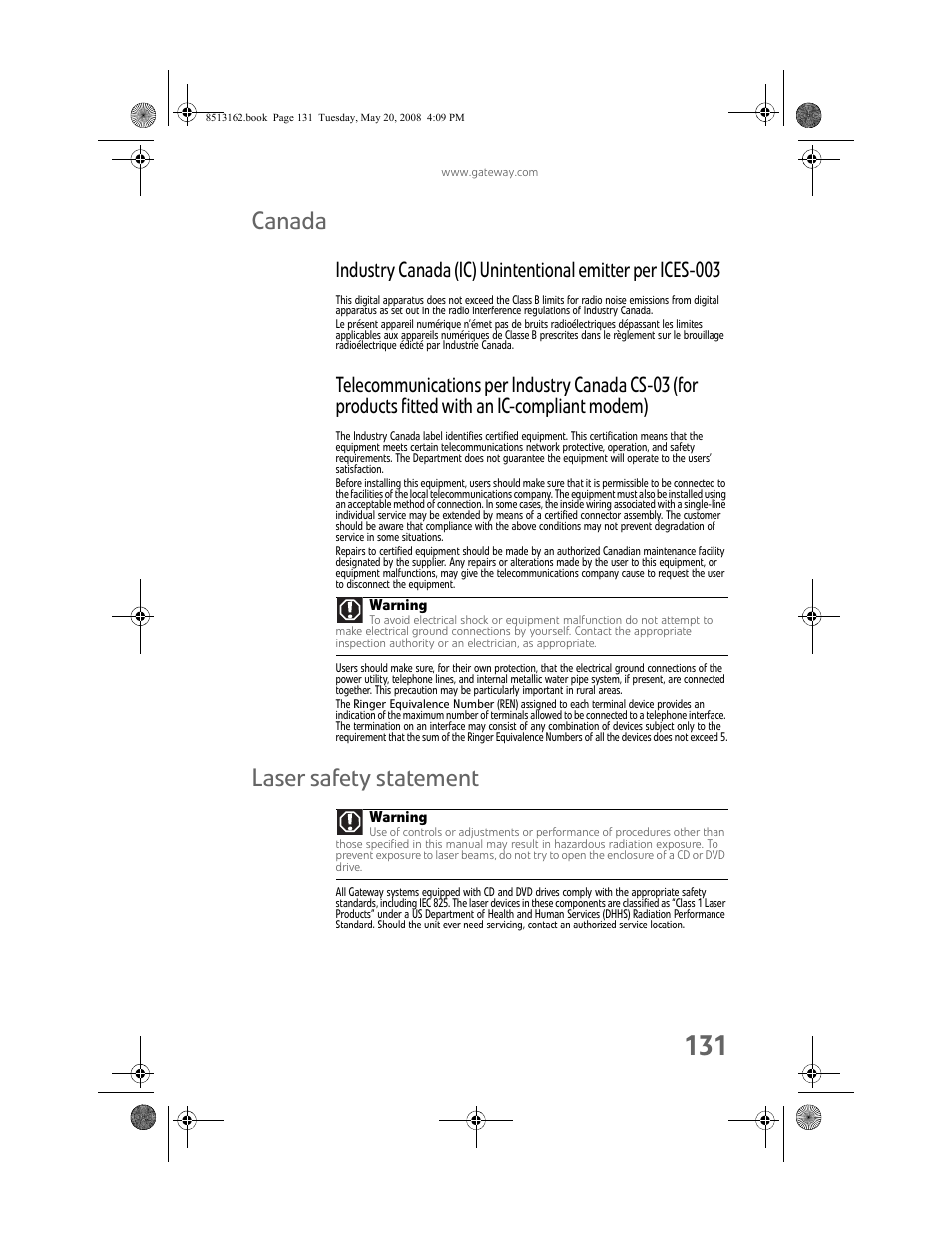 Canada, Laser safety statement | Gateway FX542X User Manual | Page 137 / 154