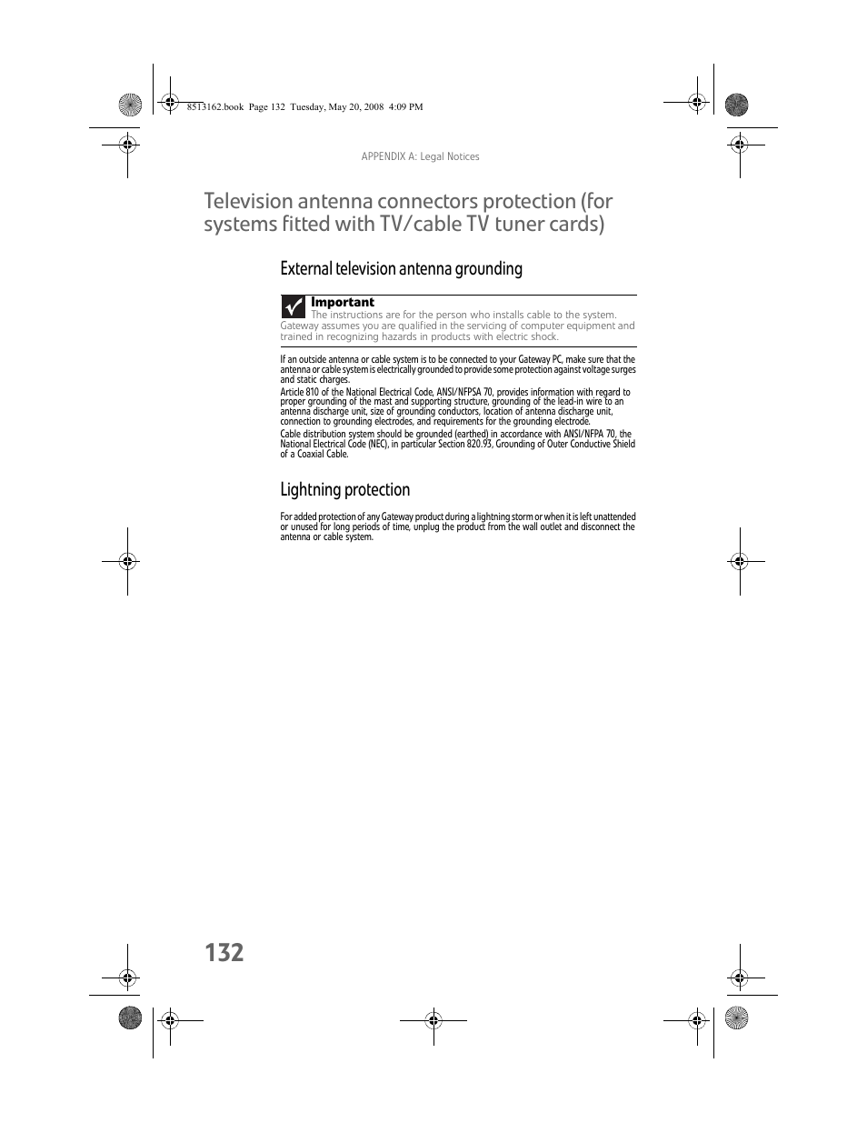 External television antenna grounding, Lightning protection | Gateway FX542X User Manual | Page 138 / 154
