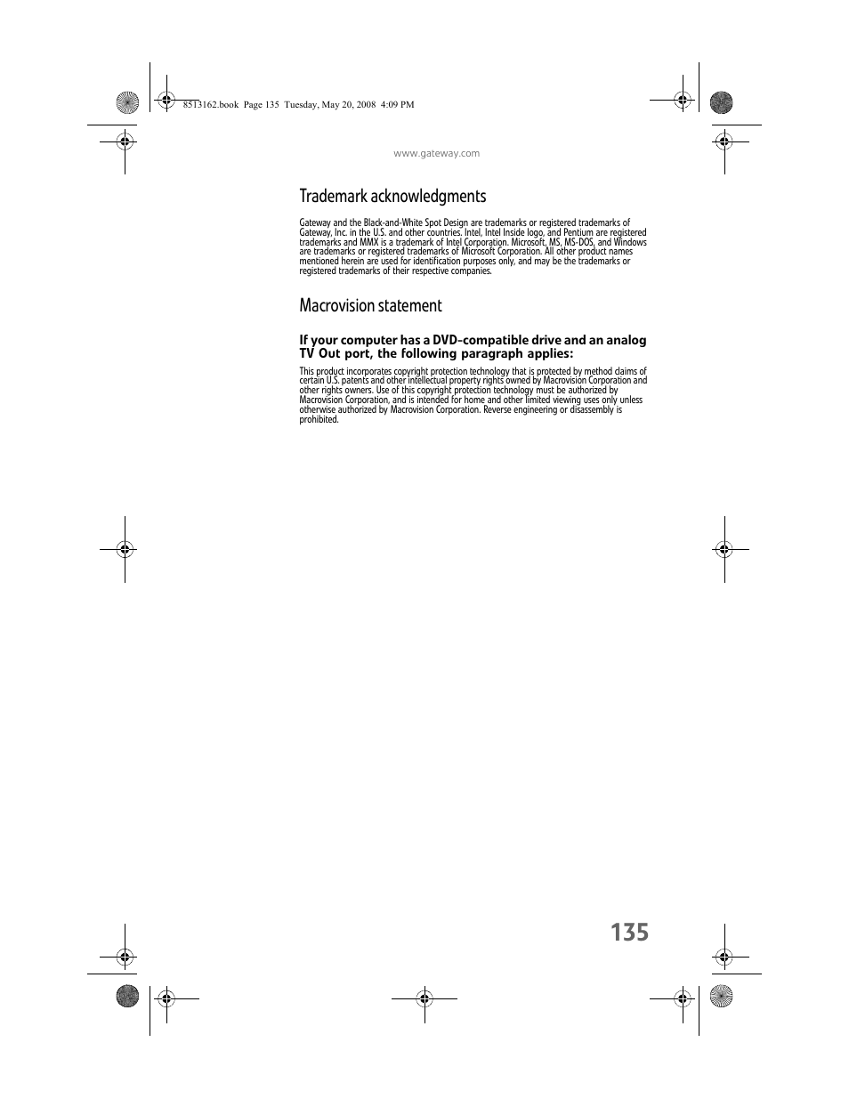 Trademark acknowledgments, Macrovision statement | Gateway FX542X User Manual | Page 141 / 154