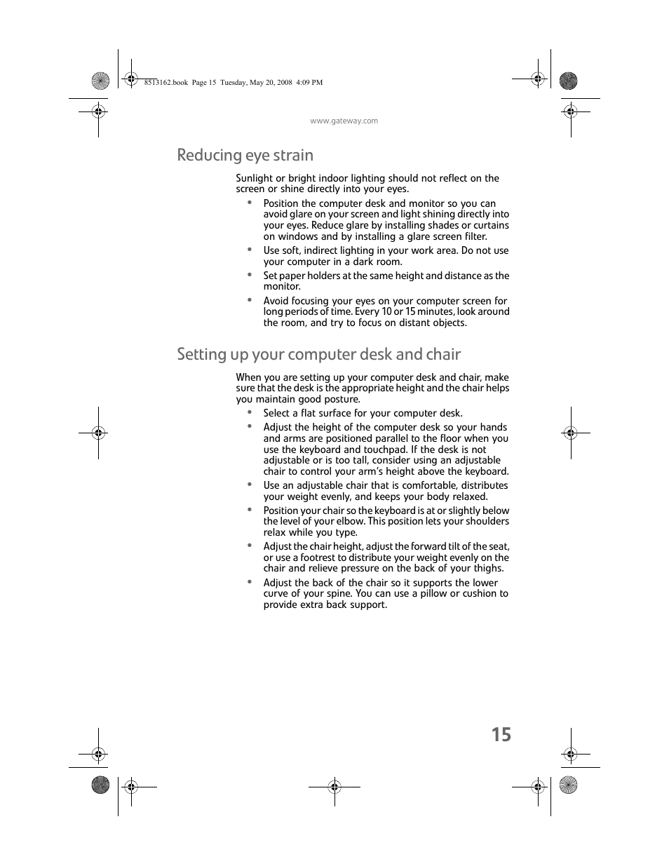 Reducing eye strain, Setting up your computer desk and chair | Gateway FX542X User Manual | Page 21 / 154