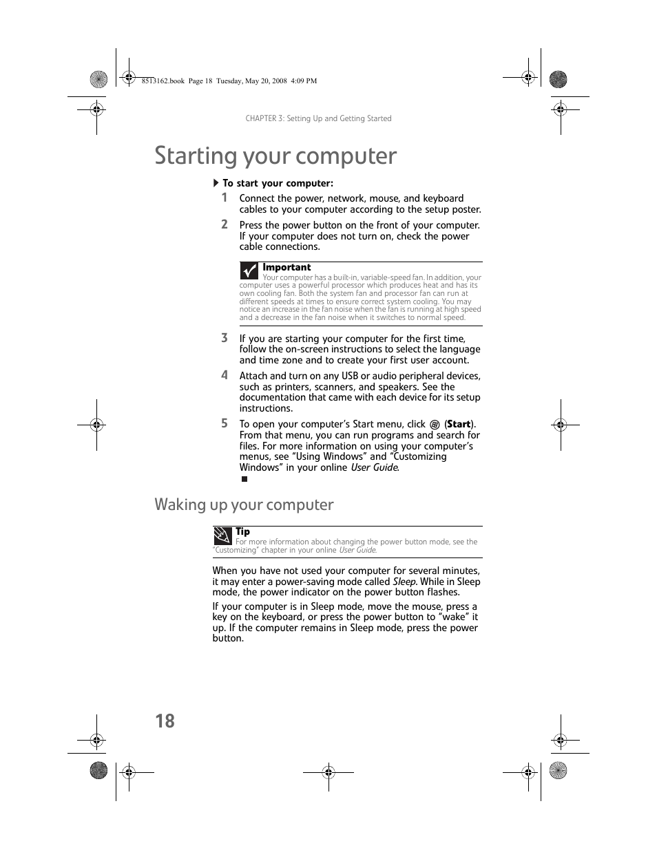 Starting your computer, To start your computer, Waking up your computer | Gateway FX542X User Manual | Page 24 / 154