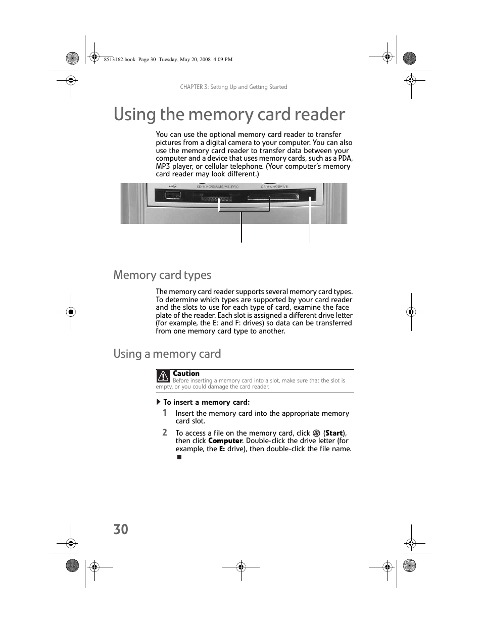 Using the memory card reader, Memory card types, Using a memory card | To insert a memory card, Memory card types using a memory card, Using the memory card | Gateway FX542X User Manual | Page 36 / 154