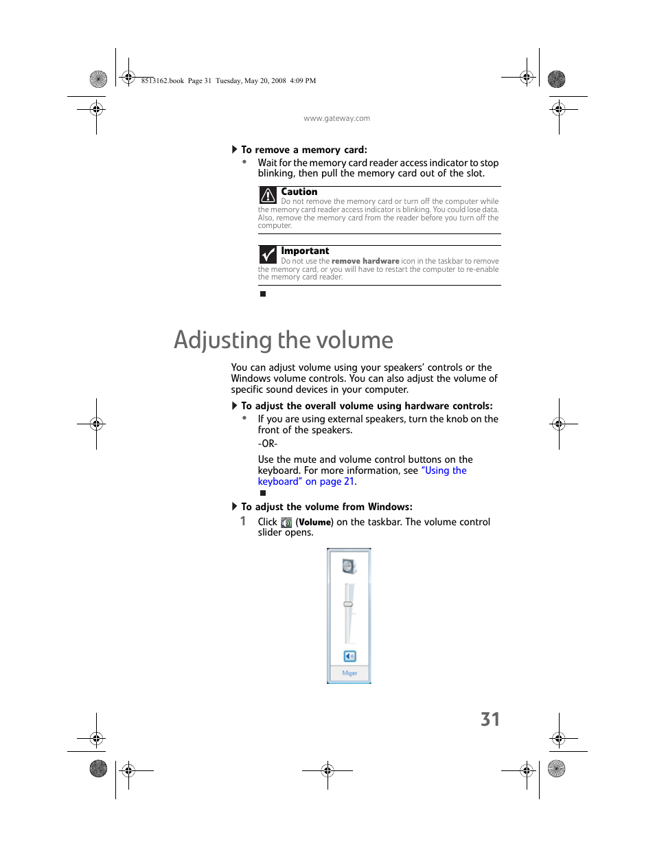 To remove a memory card, Adjusting the volume, To adjust the volume from windows | Gateway FX542X User Manual | Page 37 / 154