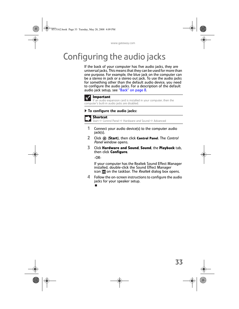 Configuring the audio jacks, To configure the audio jacks, Configuring the | Configuring the audio | Gateway FX542X User Manual | Page 39 / 154