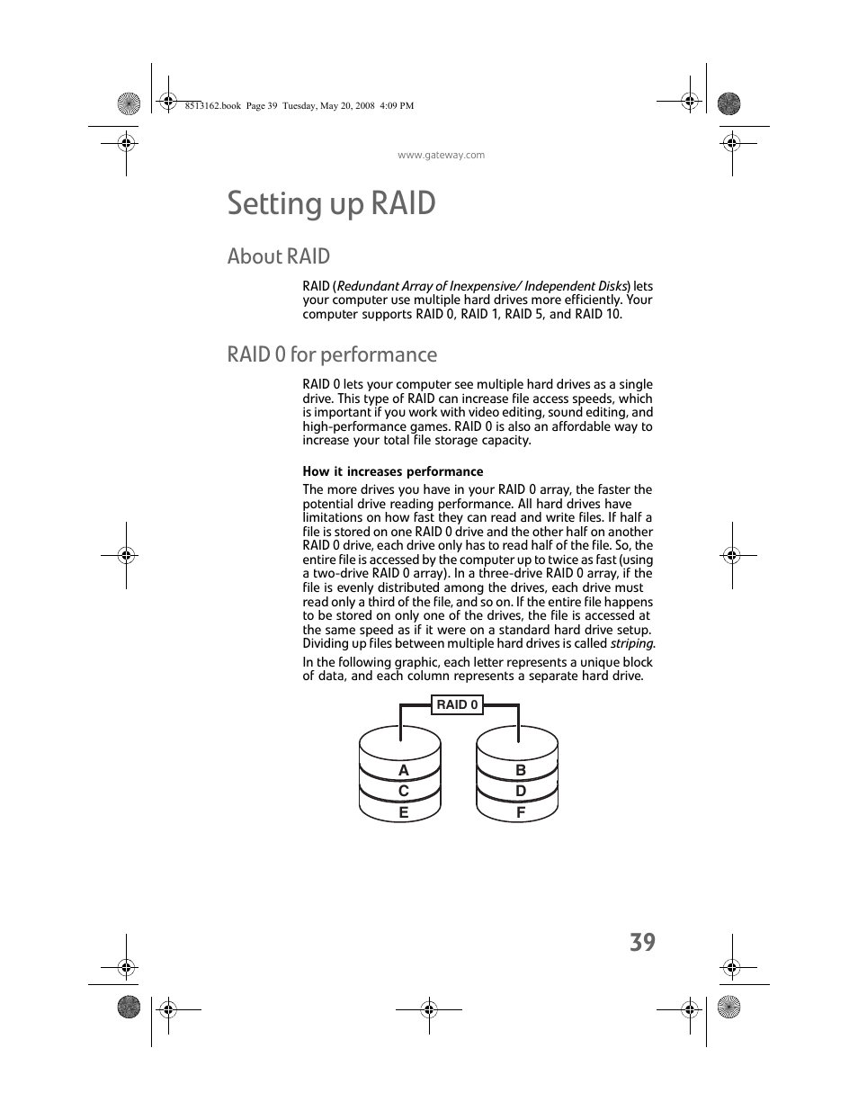 Setting up raid, About raid, Raid 0 for performance | How it increases performance, About raid raid 0 for performance | Gateway FX542X User Manual | Page 45 / 154