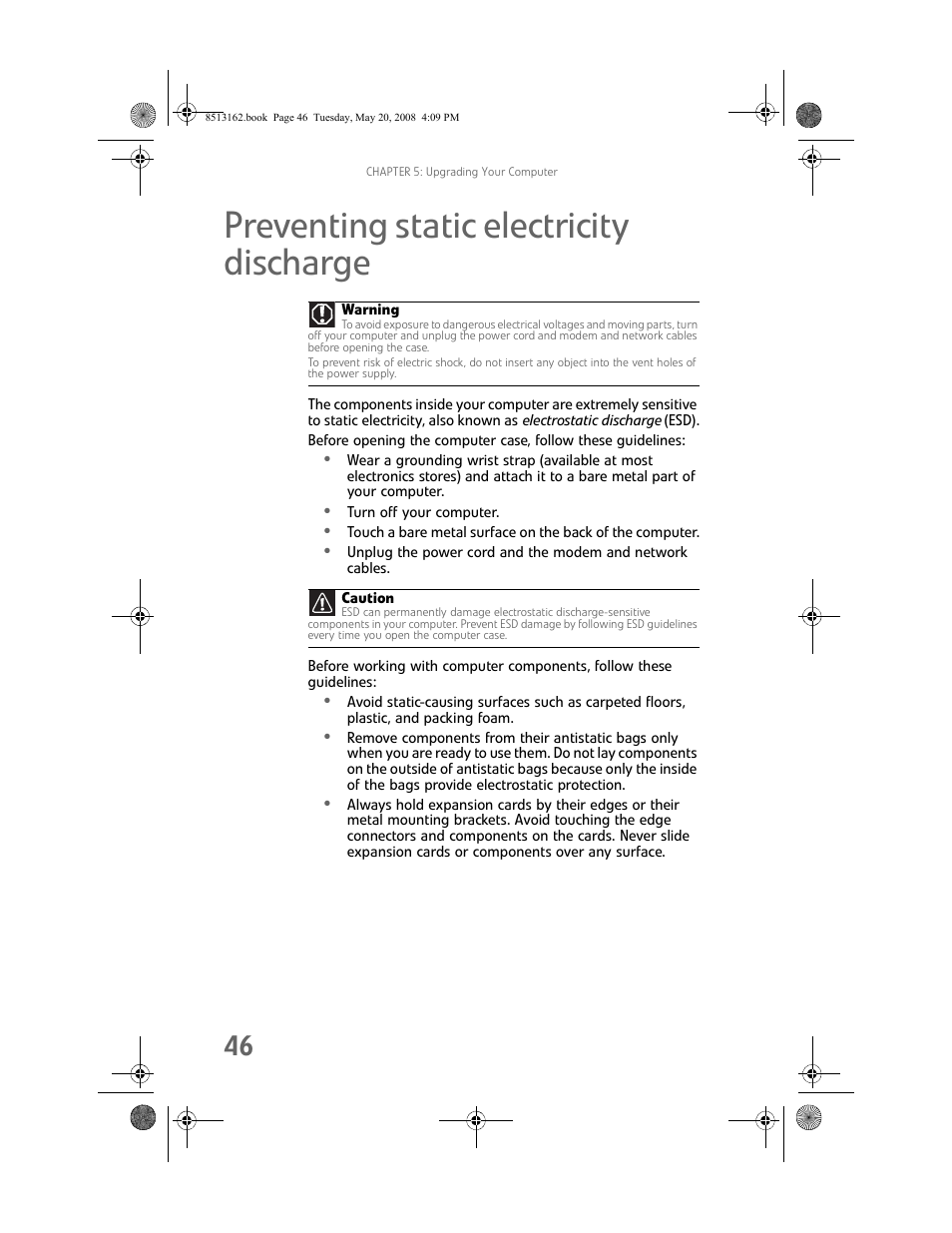 Preventing static electricity discharge | Gateway FX542X User Manual | Page 52 / 154