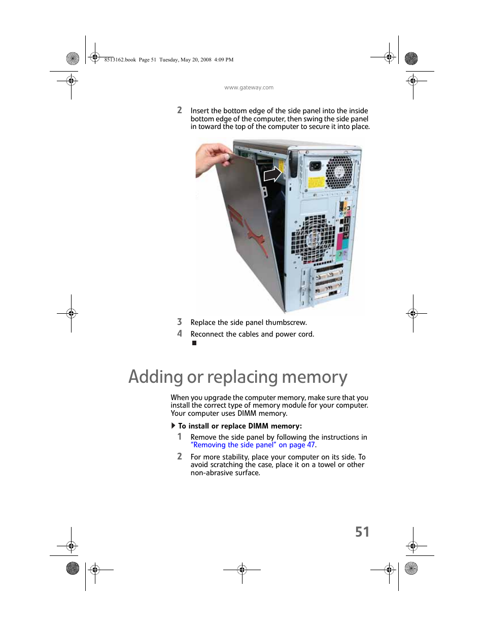 Adding or replacing memory, To install or replace dimm memory | Gateway FX542X User Manual | Page 57 / 154
