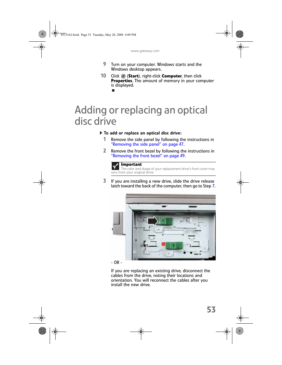 Adding or replacing an optical disc drive, To add or replace an optical disc drive | Gateway FX542X User Manual | Page 59 / 154